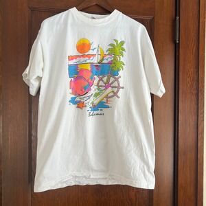 Vintage 90s Neon Graphic T Shirt XXL White Cotton Tropical Fish Sailboat